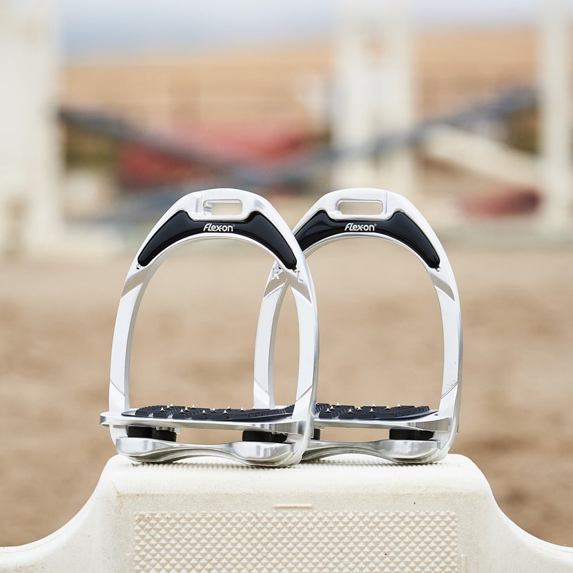 A close up photo of the Flex-On Aluminum Ultra Grip Stirrups. 