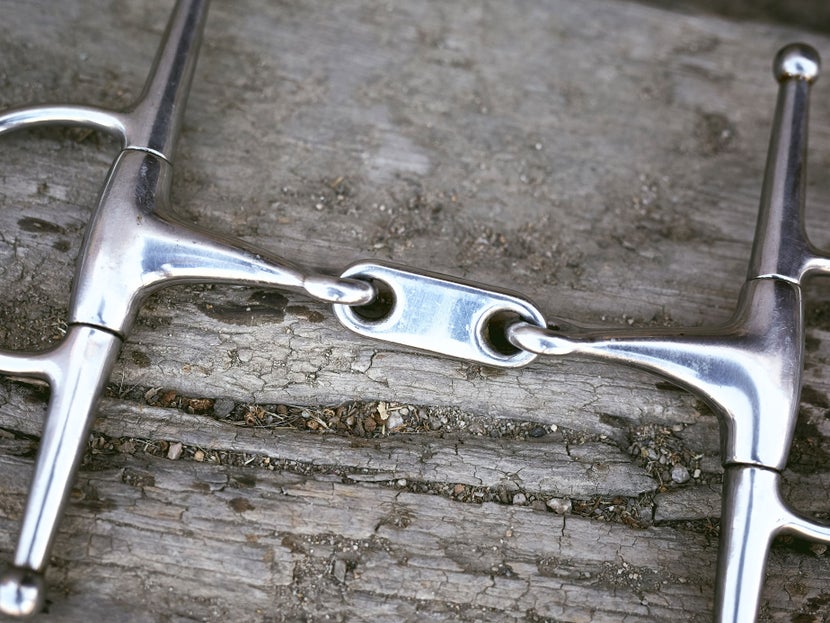 Close up image of a horse bit with a Dr. Bristol mouthpiece, laying flat on a piece of wood. 