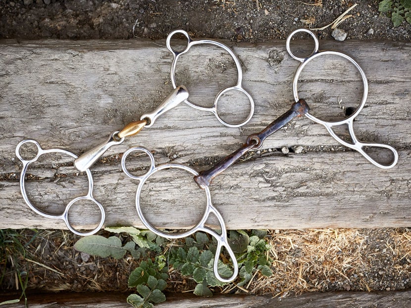 A horse bit with gag cheekpieces, laying flat on a piece of wood. 