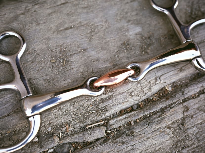 Close up image of a horse bit with a oval link mouthpiece, laying flat on a piece of wood. 