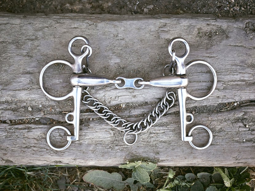A horse bit with pelham cheekpieces, laying flat on a piece of wood. 