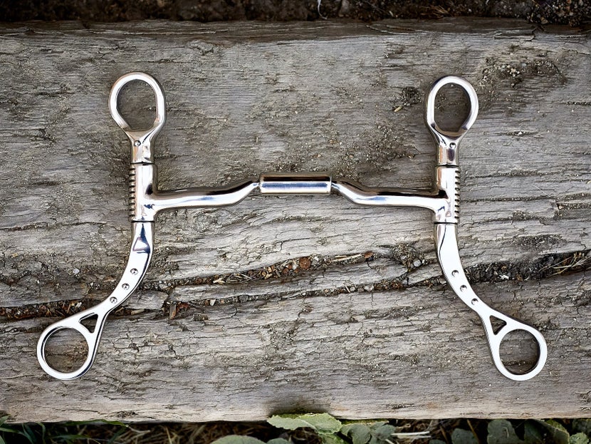 A horse bit with shank cheekpieces, laying flat on a piece of wood. 