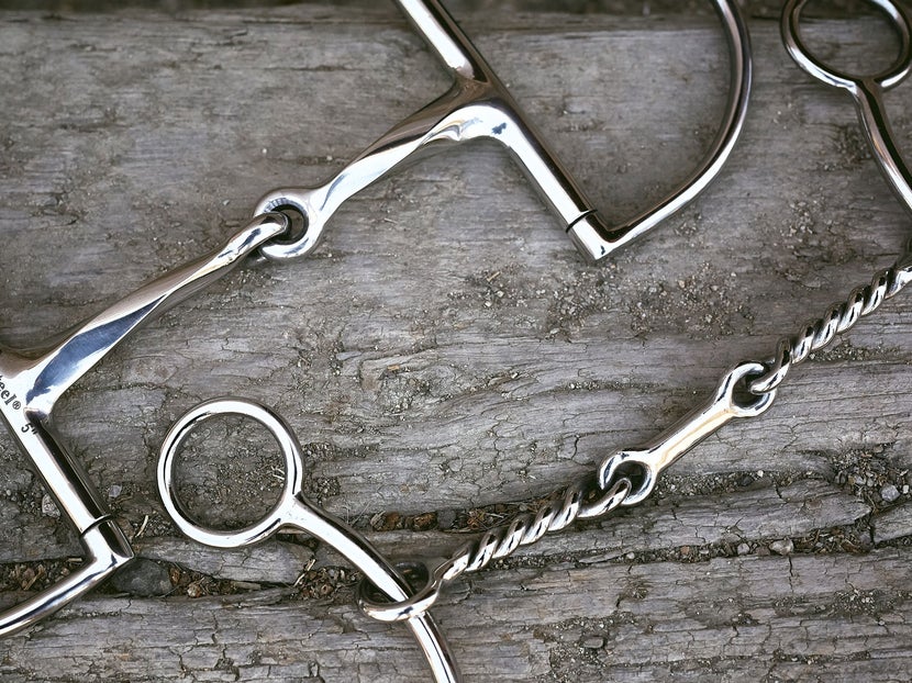 Close up image of a horse bit with a twisted mouthpiece, laying flat on a piece of wood. 