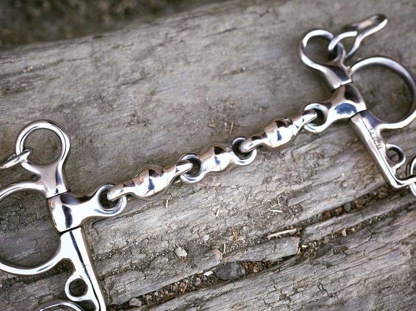 Close up image of a horse bit with a waterford mouthpiece, laying flat on a piece of wood. 