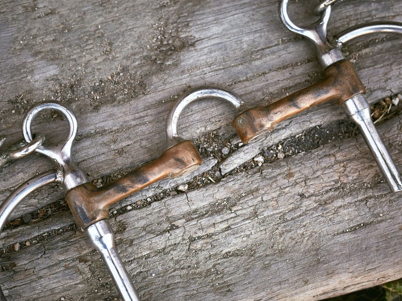 Close up image of a horse bit with a correction mouthpiece, laying flat on a piece of wood. 