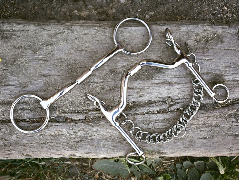 A weymouth and bradoon bit set laying side-by-side on a piece of wood. 