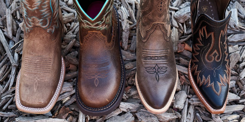 Cowboy boot toe shapes, from left to right: Square, Round, Traditional, and Snip