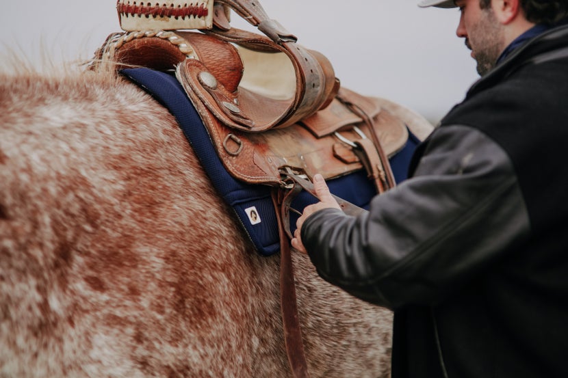  Rider cinching up their saddle and using their Ecogold Secure Western Saddle Pad 31X31