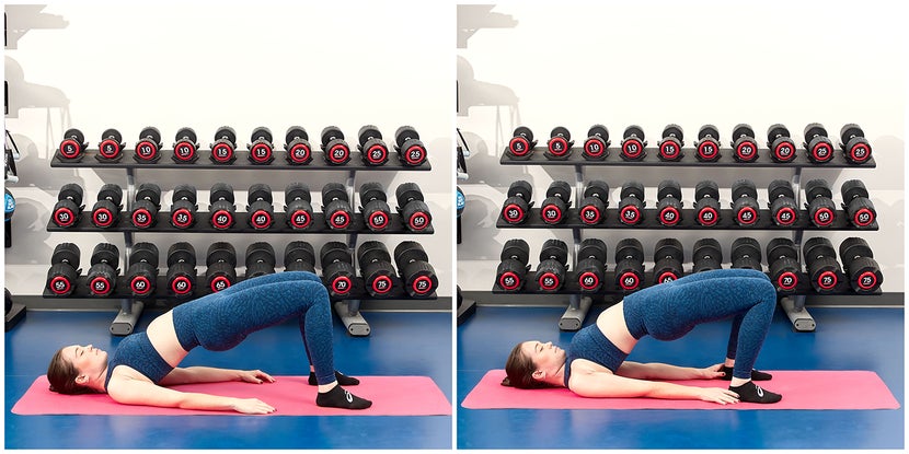 (left) Women demonstrating a proper bridge pose. (right) Woman demonstrating a deep bridge pose.