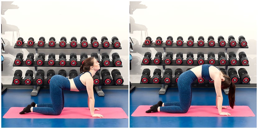 (left) A woman showing an example of cow pose. (right) A woman showing an example of cat pose.