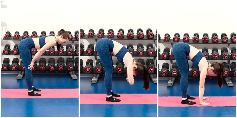 A woman showing example of how to do a standing forward fold.