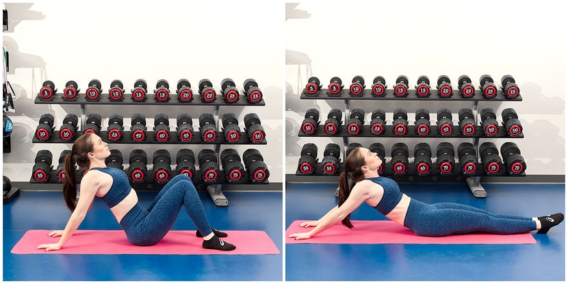 (left) Woman demonstrating a heart opening stretch. (right) Woman demonstrating a deeper heart opening stretch.