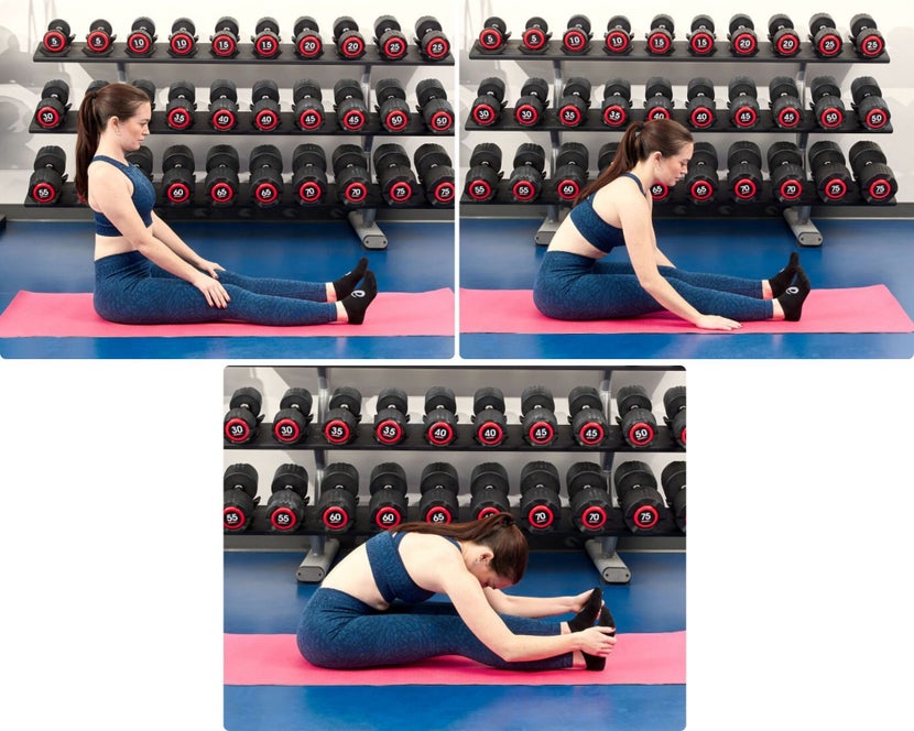 Woman demonstrating a seated forward fold.
