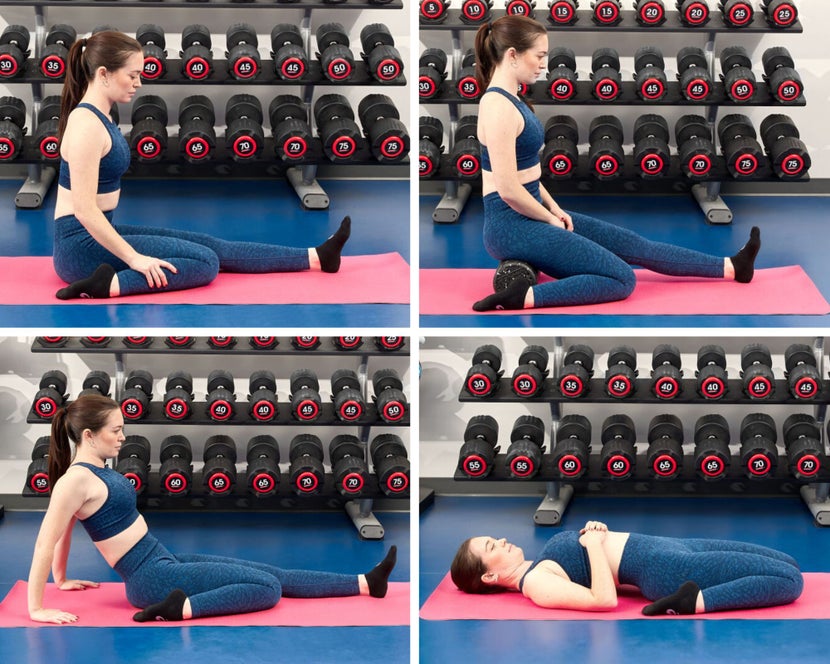 Woman demostrating the different variations of half saddle and saddle pose.