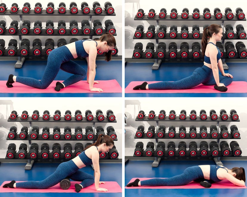 Woman demonstrating the variations of pigeon pose. 