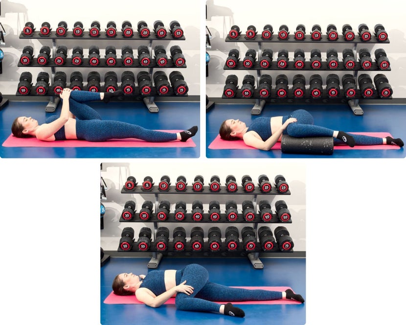 Woman demonstrating reclined spinal twist variations.