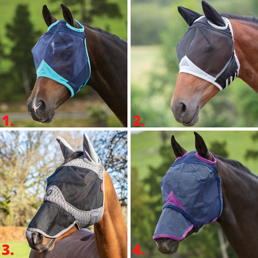 Four types of fly masks: standard masks, masks with nose coverage, masks with ears, and masks with ears and nose