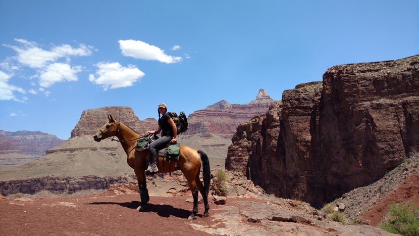 Gillian riding her horse in the rocky mountains. 