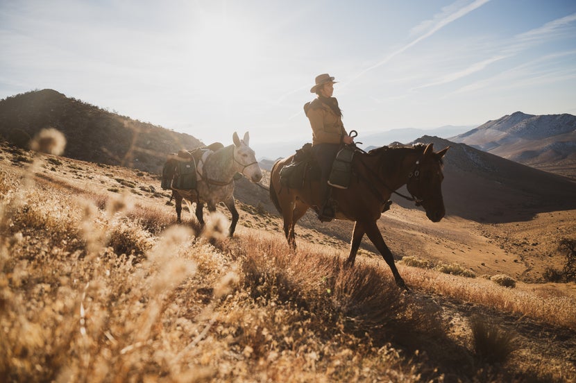 Gillian riding down grassy trail, tailing her mule behind her. 