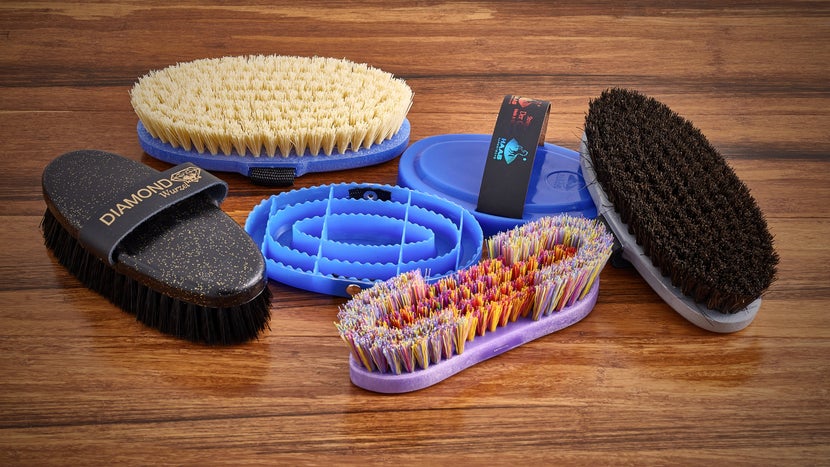 Grooming brushes laying next to each other on tabletop. 