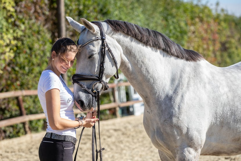 Girl with horse wearing english bridle with Herm Sprenger Bit