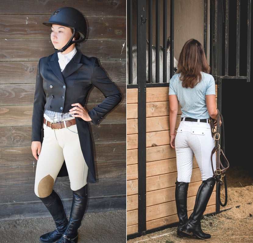 Left and right comparison of knee patch versus full seat breeches, on female riders. 