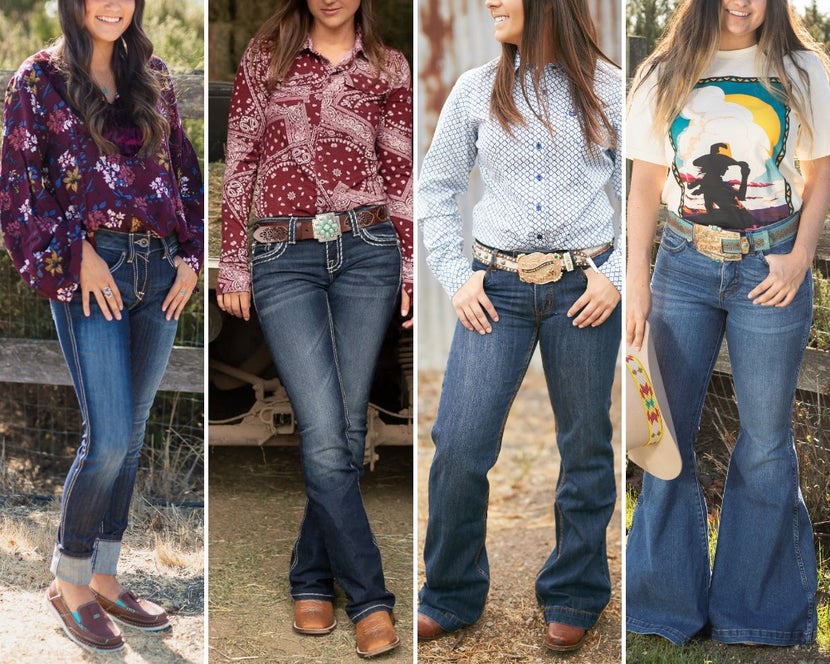 Four images of women wearing different styles of jeans. From left to right, skinny, straight, trouser, and flare jeans.