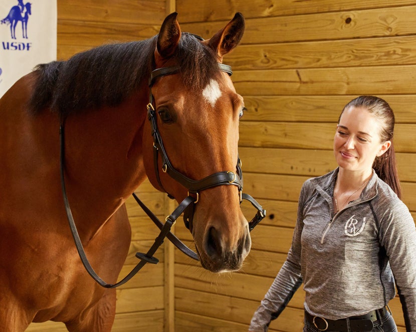 Woman with her Chestnut horse in a barn, wearing the Micklem 2 Multi Bridle as a bitless.