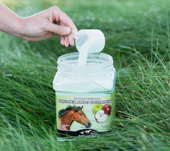 A woman pouring a scoop of the Equi-Dex Apple Electrolyte Powder into its container. 