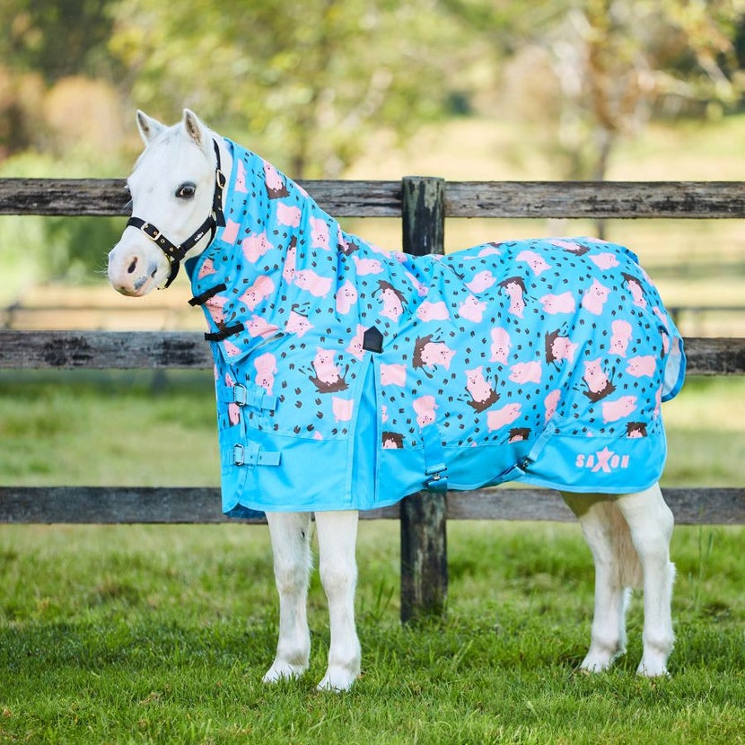 Adorable white pony wearing the Saxon 600D Waterproof Combo Neck Blanket in pig print
