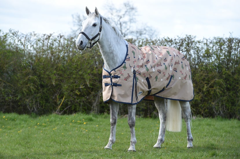 Grey horse standing in a field wearing the Weatherbeeta ComFiTec Essential Western Blanket in Sante Fe print