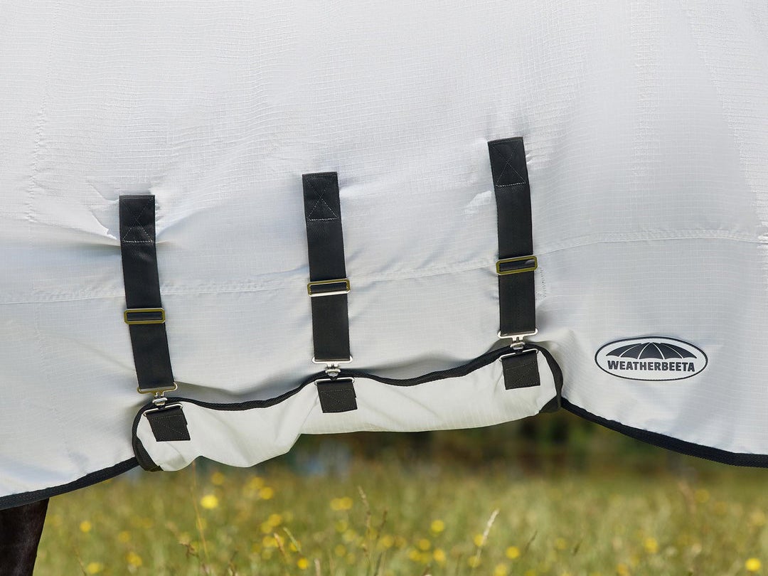 An example of a belly band on a horse fly sheet.