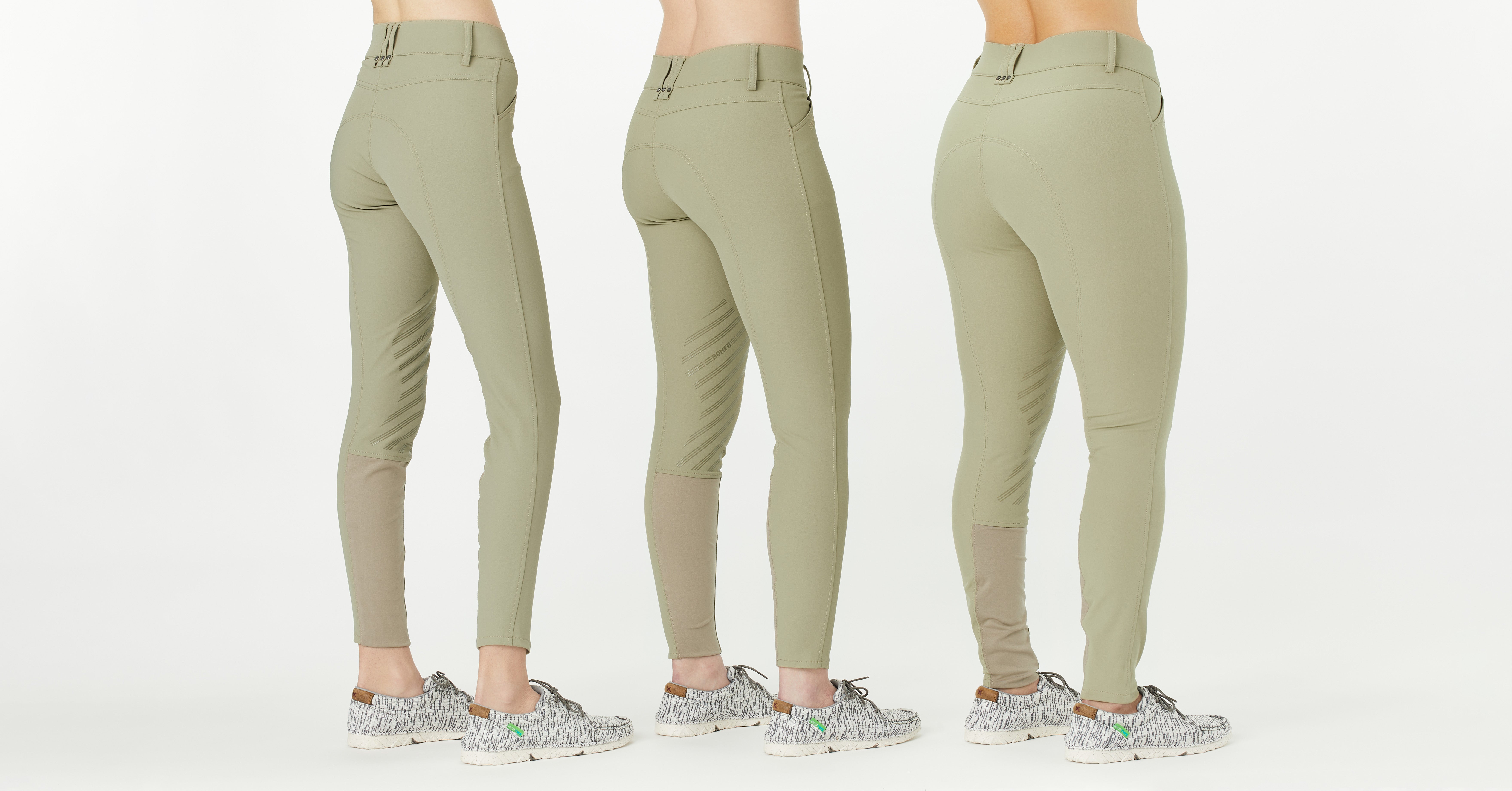 Body type examples wearing the Romfh Sarafina Breeches, from left to right: slim shape, athletic shape, curvy shape.