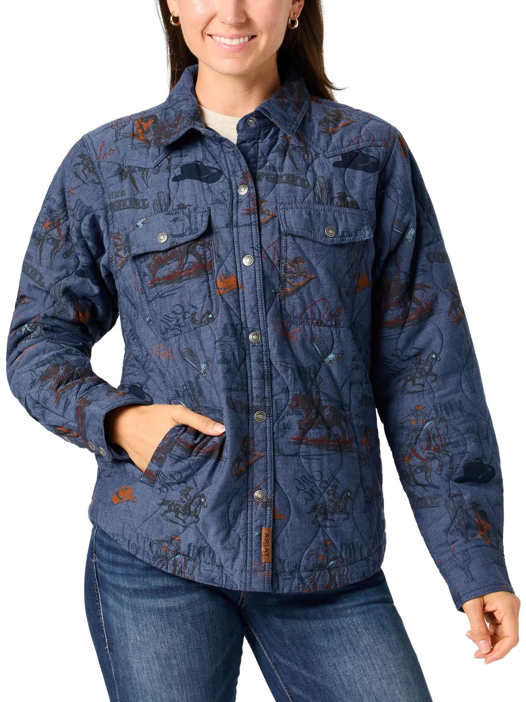 Woman wearing the Ariat Obispo Lightweight Jacket in Retro Rodeo.