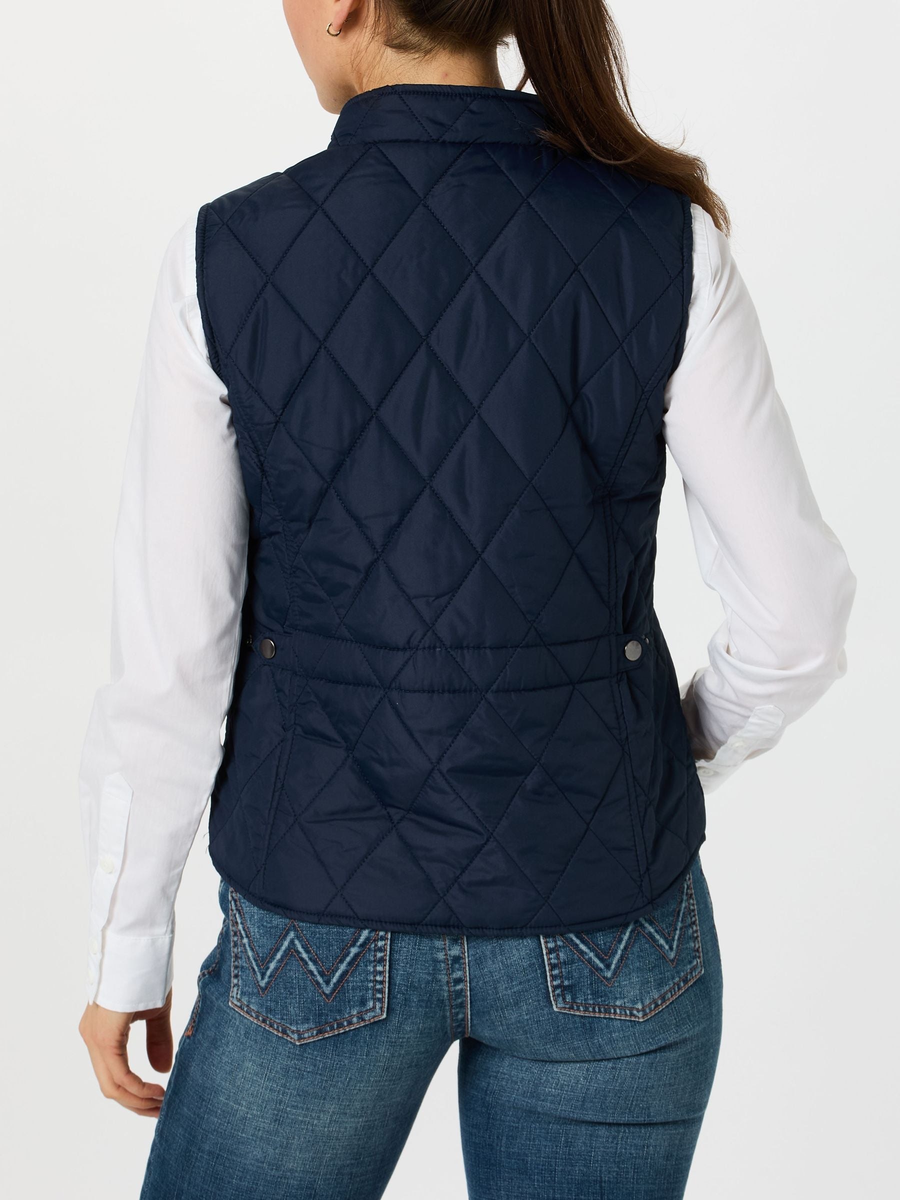 Back view of a woman wearing the Horze Women's Classic Quilted Riding Vest.