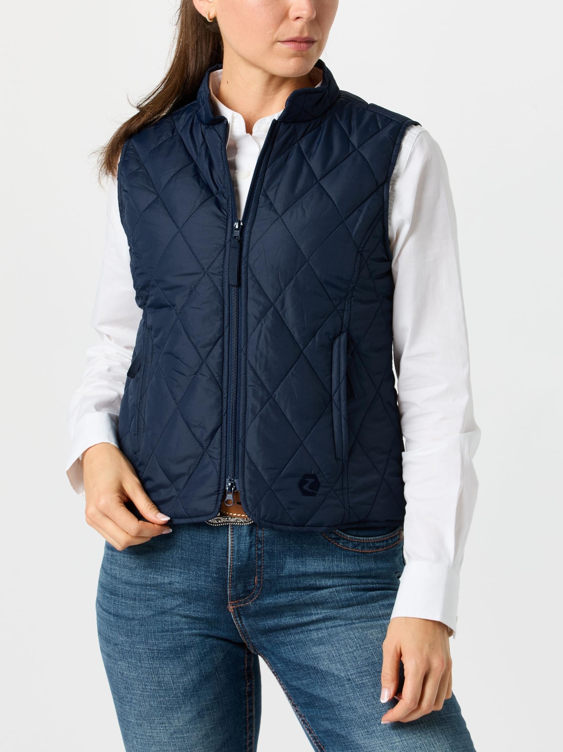 Front view of a woman wearing the Horze Women's Classic Quilted Riding Vest.