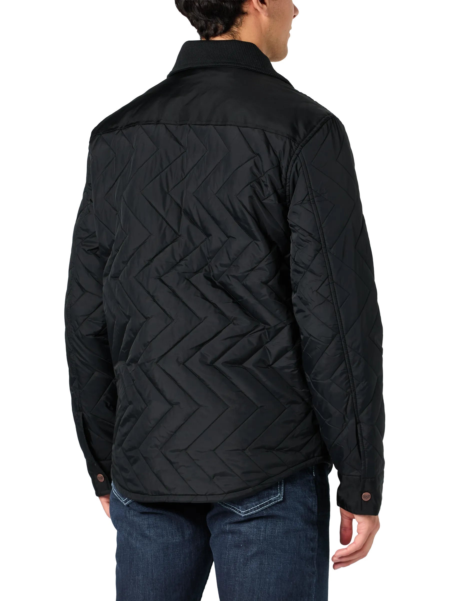 Back view of a man wearing the Kimes Ranch Men's Skink Quilted Jacket.
