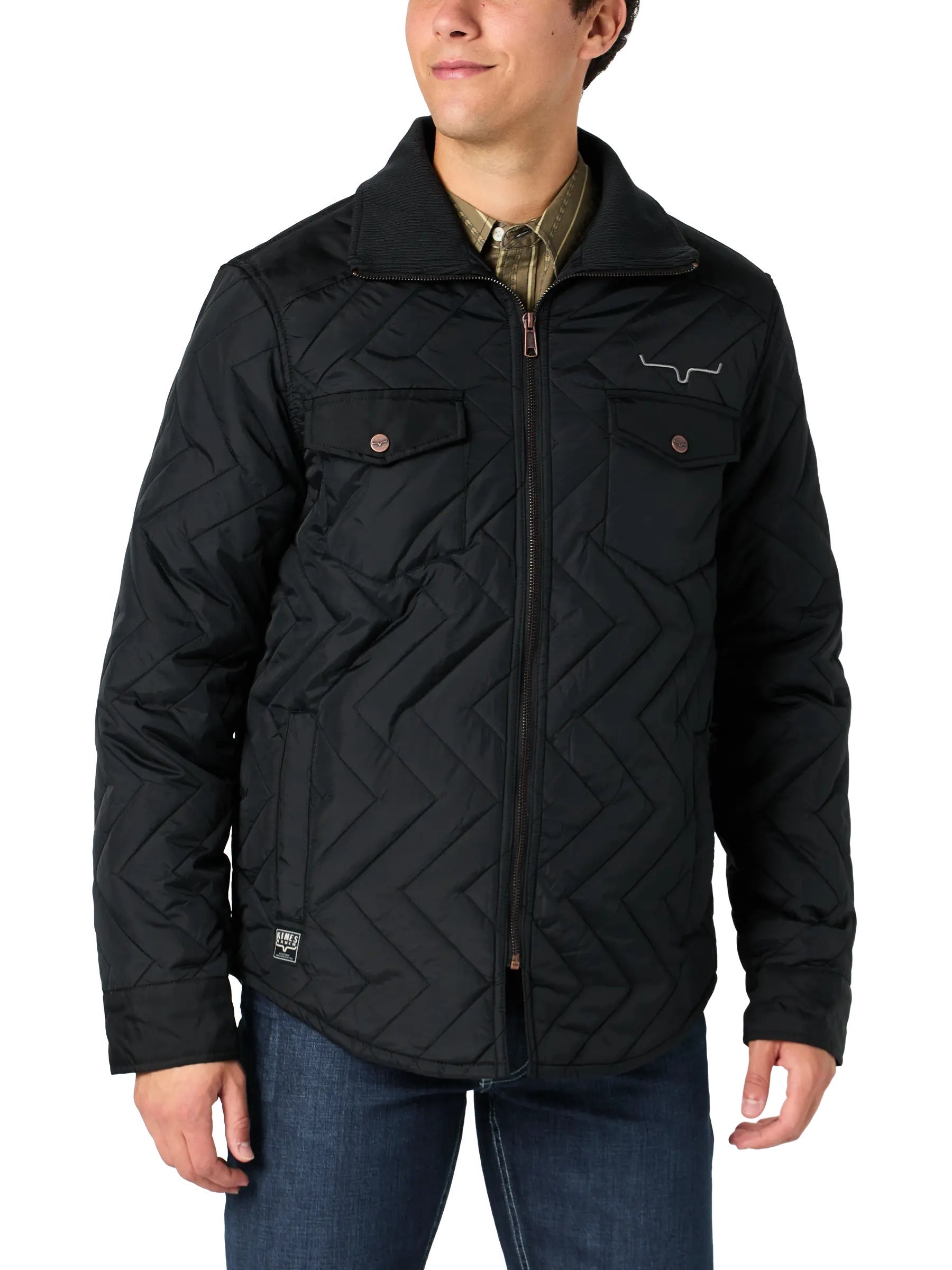 Front view of a man wearing the Kimes Ranch Men's Skink Quilted Jacket.