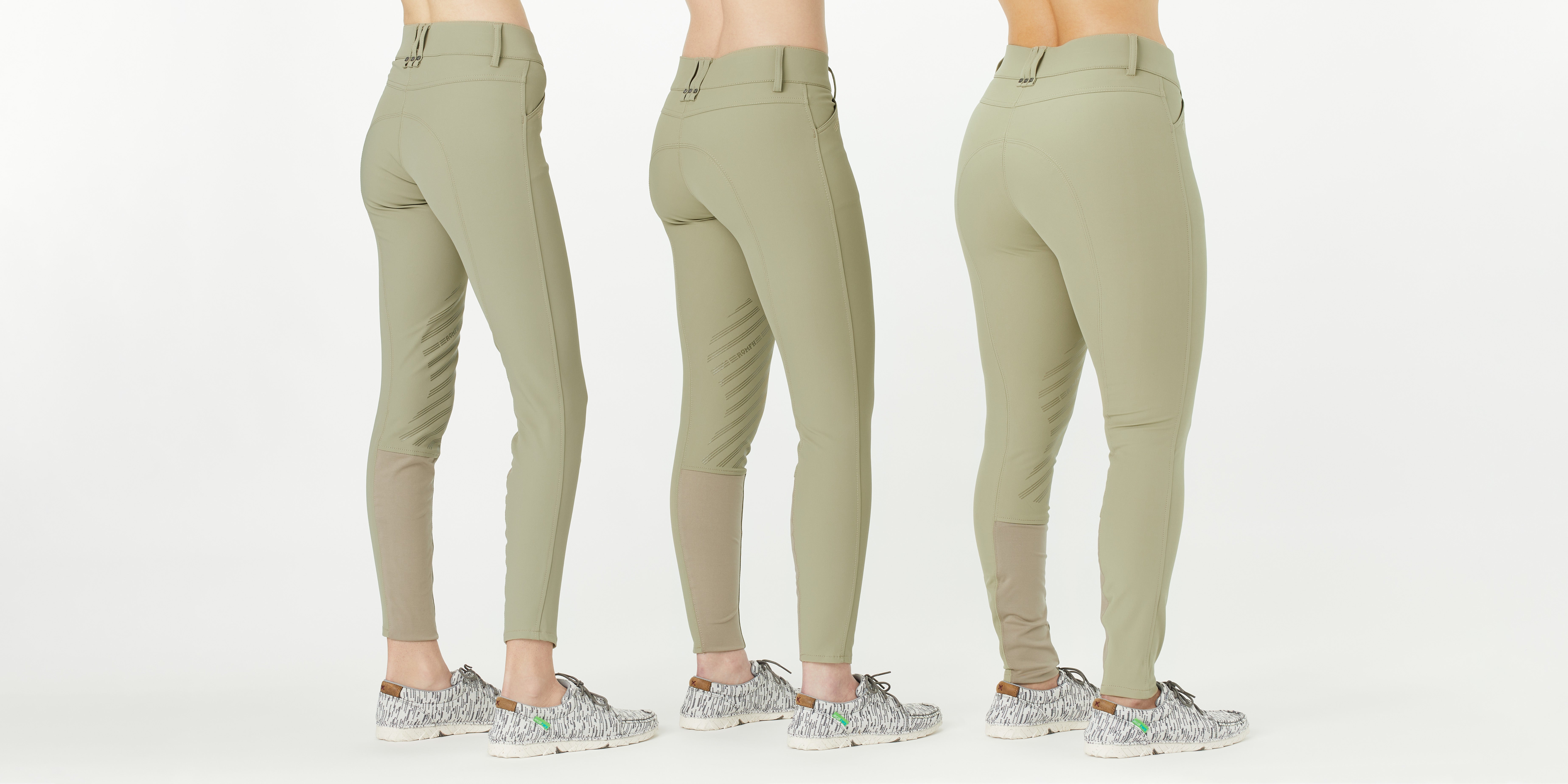 Body type examples wearing the Romfh Sarafina Breeches, from left to right: slim shape, athletic shape, curvy shape.