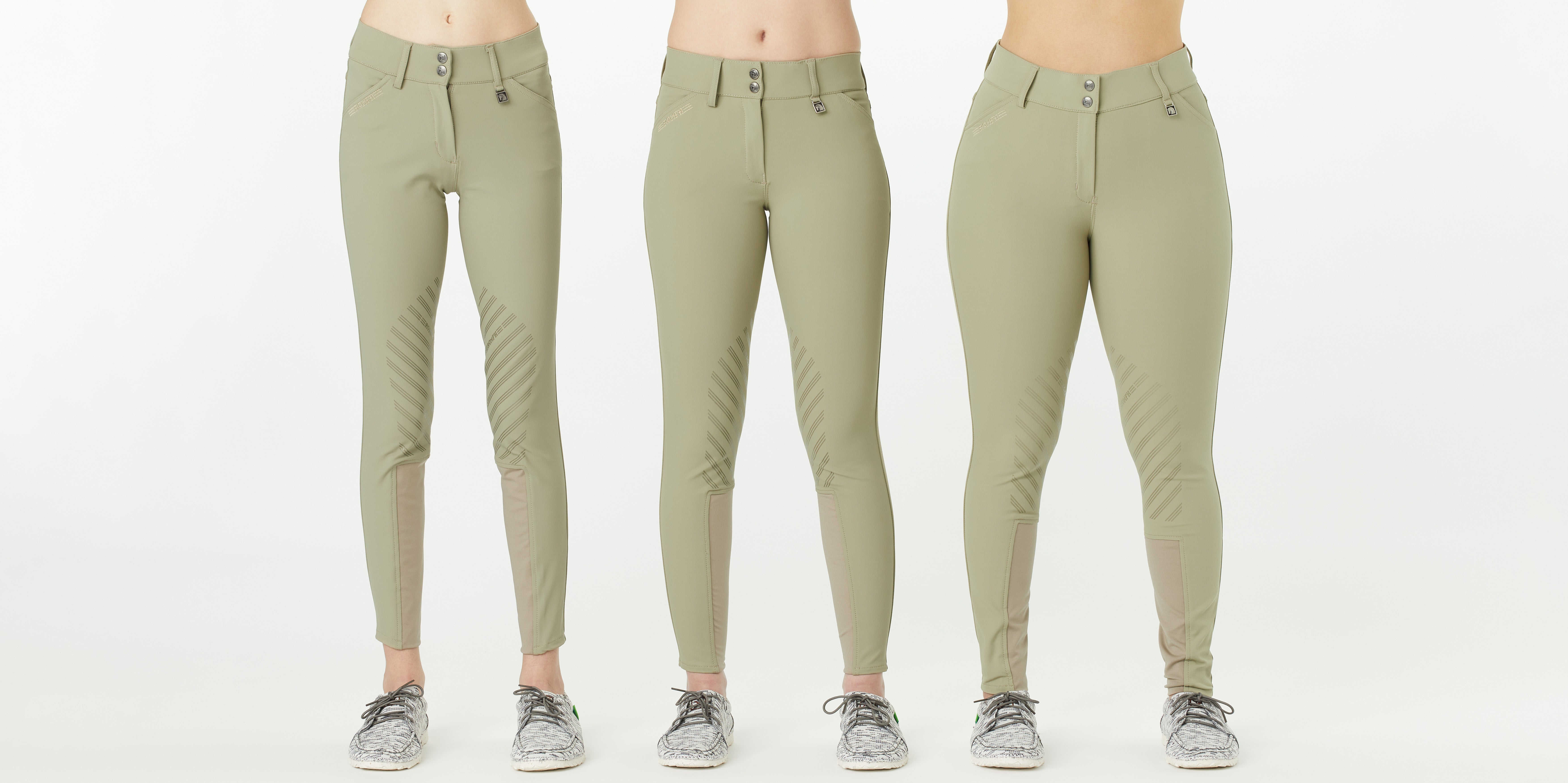 Body type examples wearing the Romfh Sarafina Breeches, from left to right: slim shape, athletic shape, curvy shape.