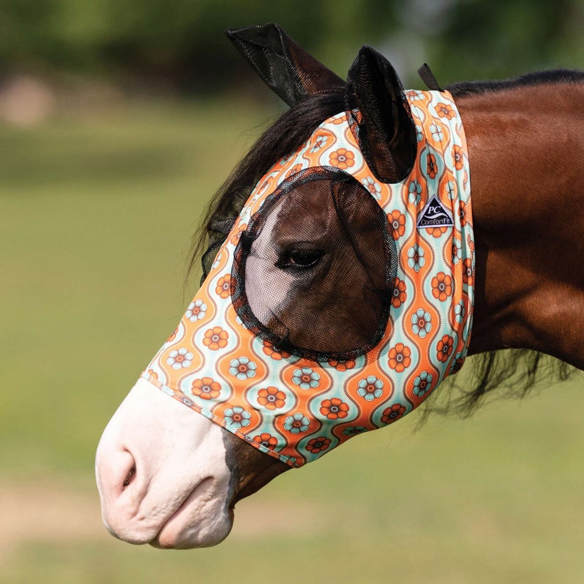 The Professional's Choice Comfort-Fit 2024 Patterned Fly Mask on a bay horse with a white nose.