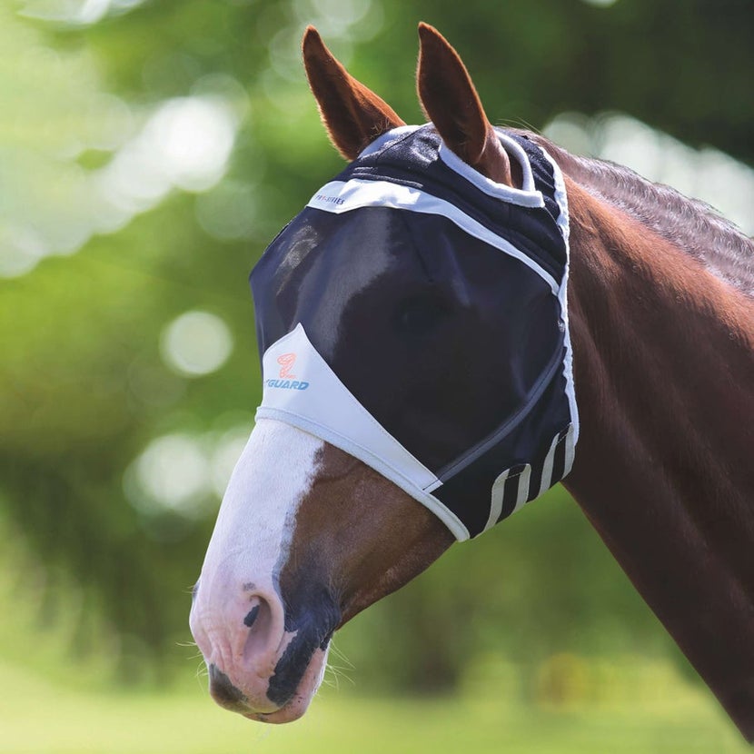 The Shires Fine Mesh Fly Mask on a bay horse with a white blaze, against a tree background. 