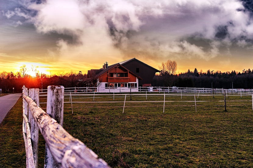 Red horse barn silhouetted against sunset, with fenced turnouts in front.
