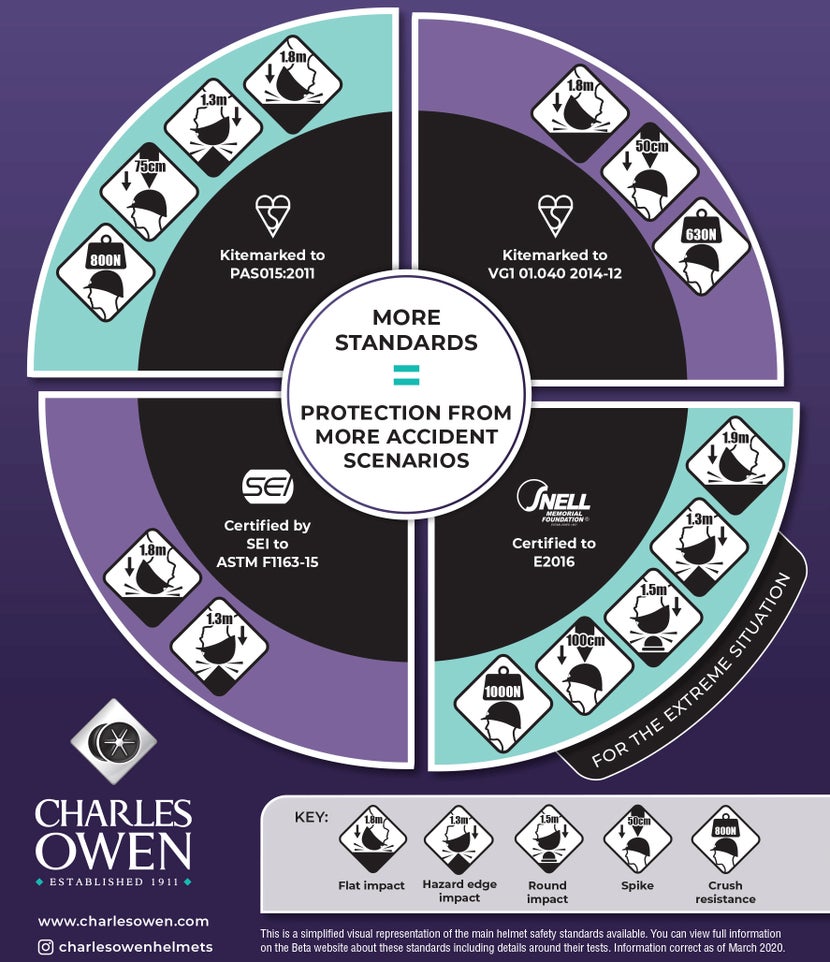 An equestrian helmet safety standards poster that covers ASTM, PAS, VG1, and Snell certifications. 