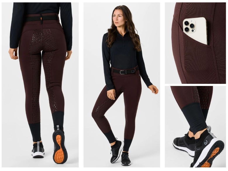 Girl wearing the Kerrits Sit Tight Wind Pro breeches in purple.