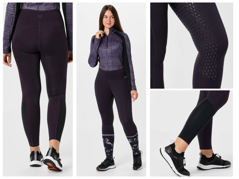 Girl wearing the kerrits thermo tech 2.0 tights in purple.