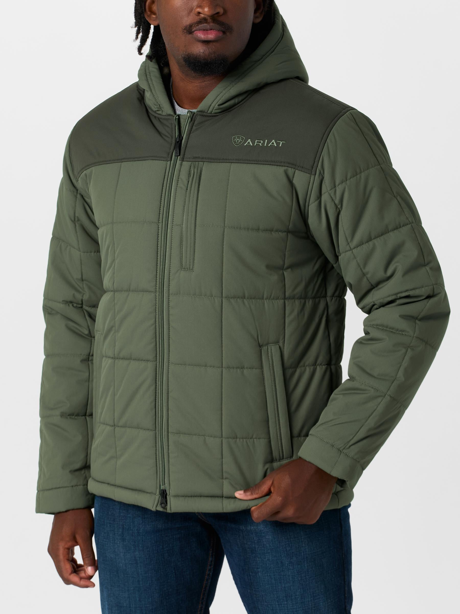 Front view of a man wearing the Ariat Men's Crius Hooded Insulated Jacket.