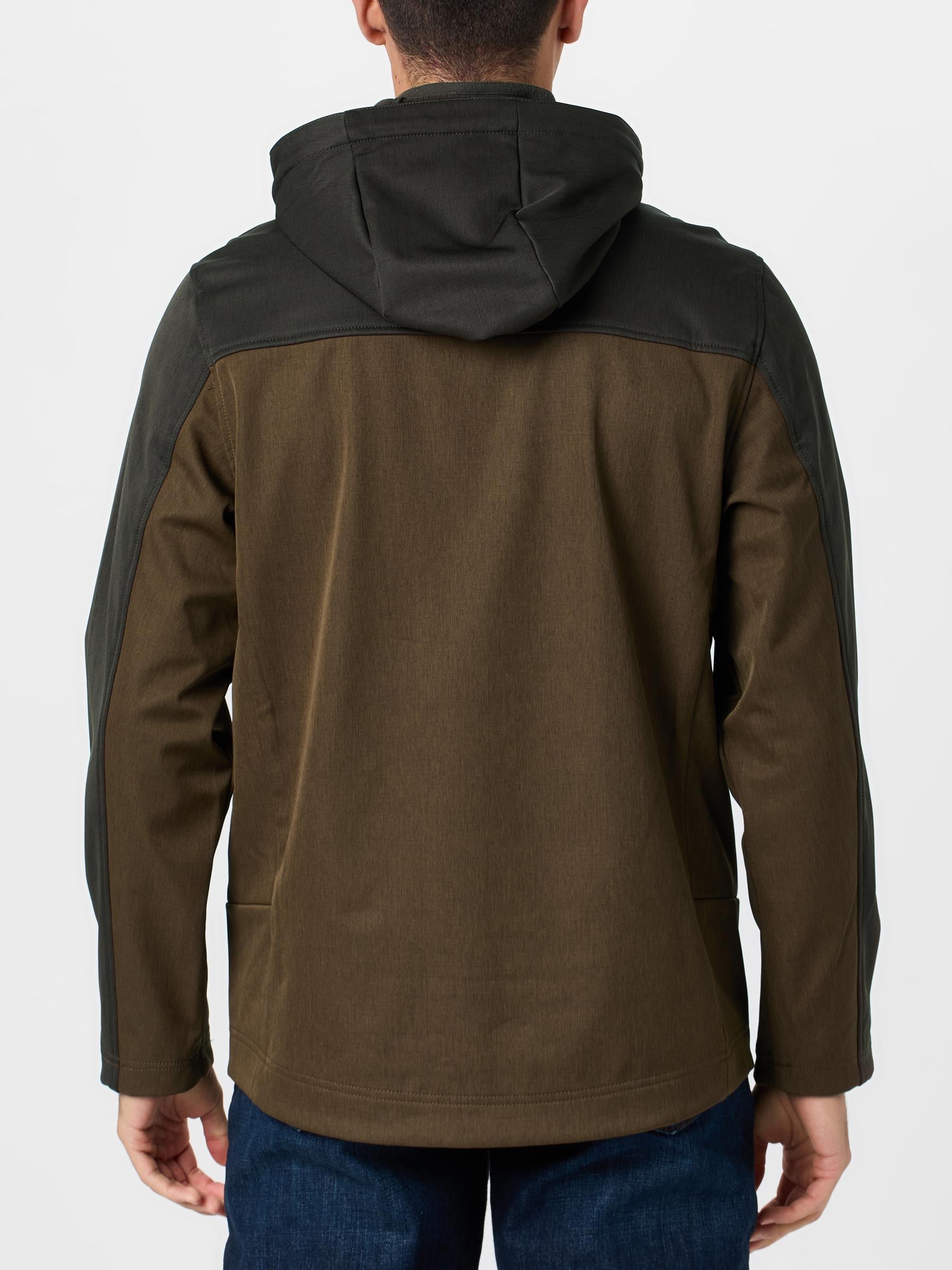 Back view of a man wearing the Cinch Men's Color Blocked Hooded Softshell Jacket.