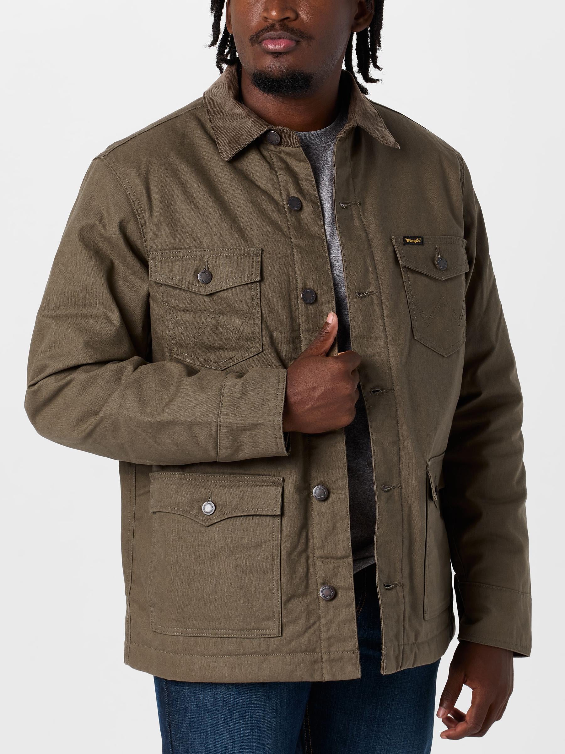 Front view of a man wearing the Wrangler Men's Western Lined Barn Coat.