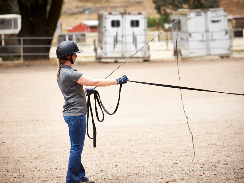 A woman displays how to hold a lunge line with a rein grip, her excess line is in her whip hand. 